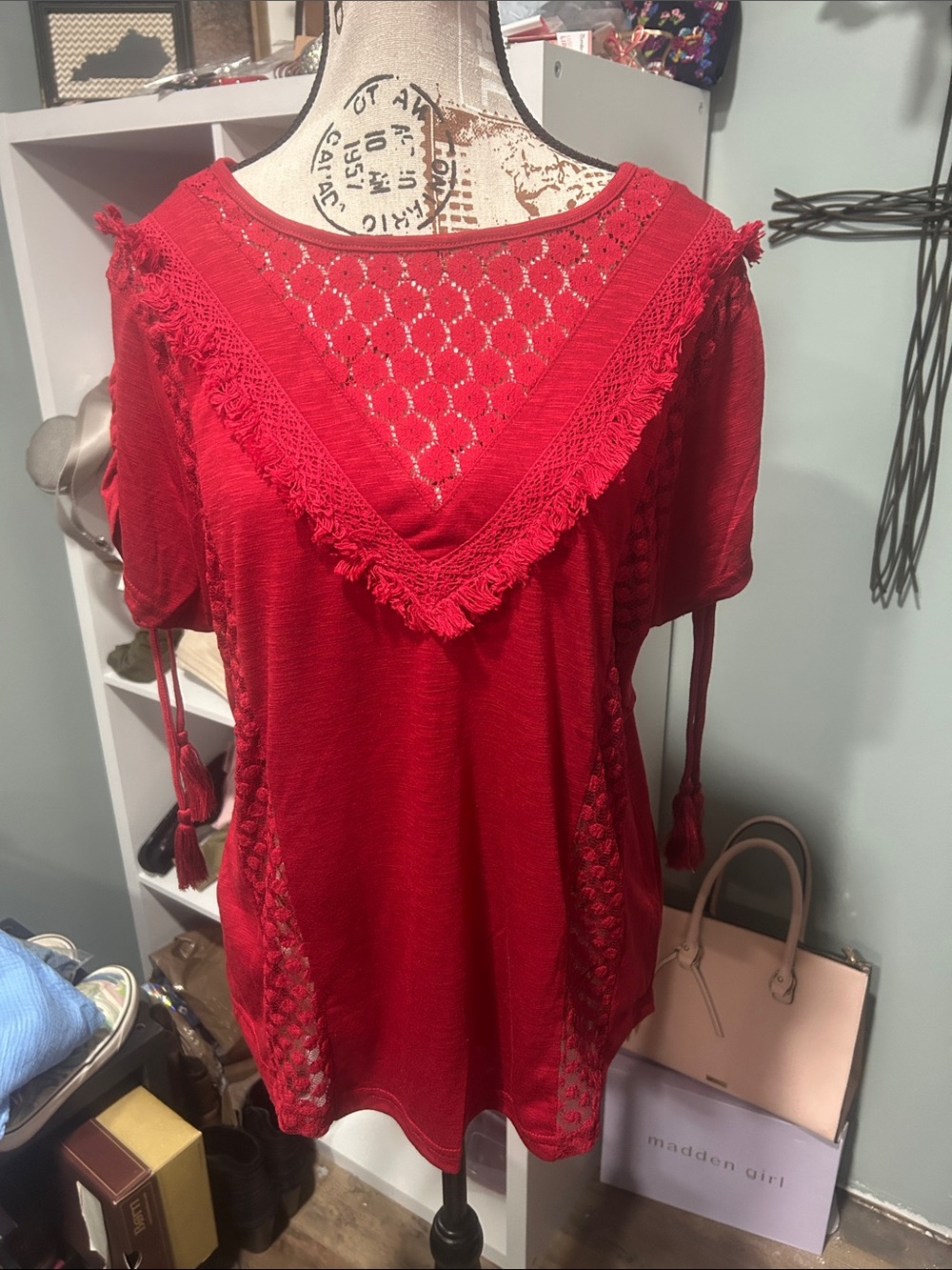 Umgee Red Crochet Fringe Boho Tunic Top PTP 20-22” L 22”